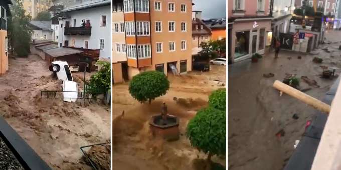 Reissende Flut wälzt sich durch Hallein in Österreich